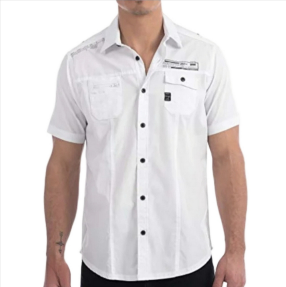 🌿Projek Raw Men's White 100% Cotton Short Sleeve Button Down Shirt, Size M~EUC